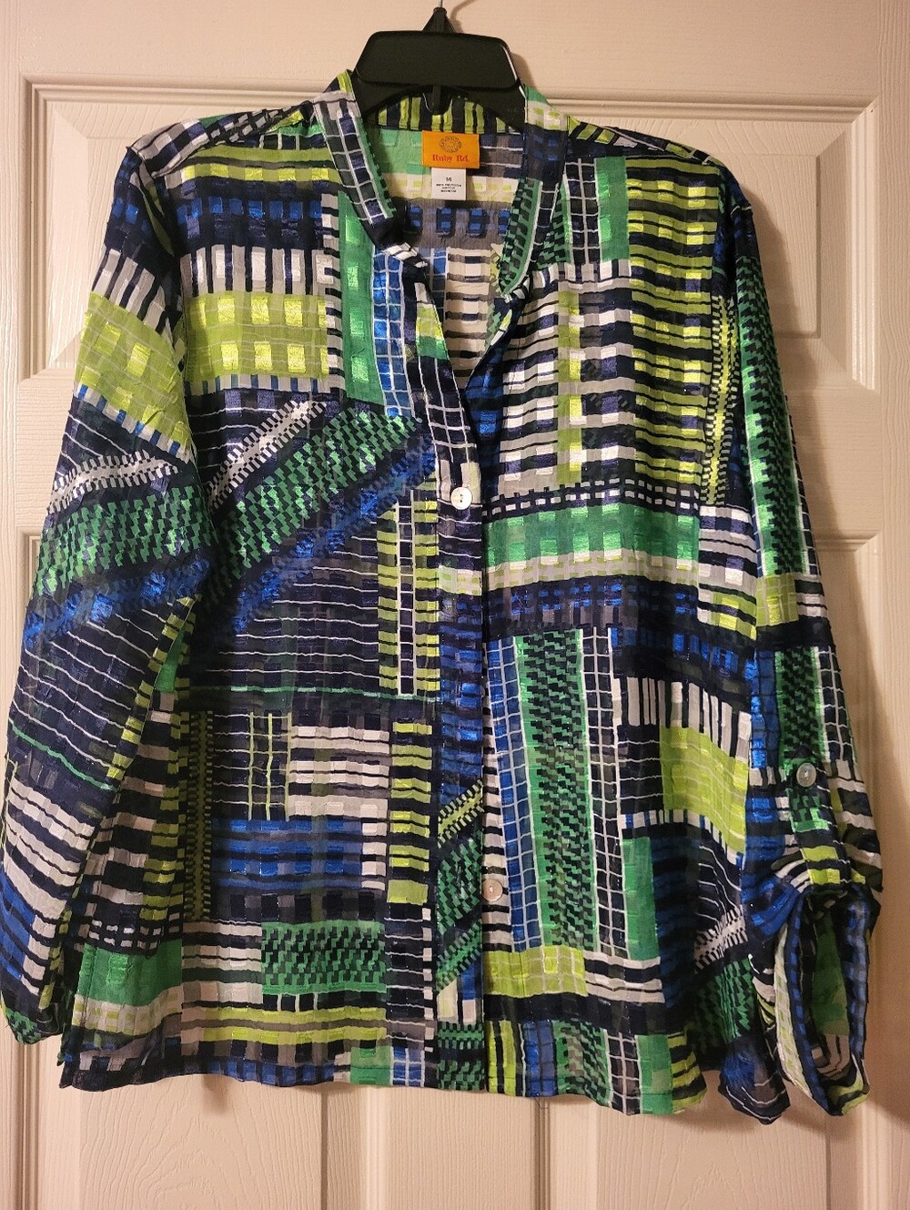 Ruby Rd. Blue & Green Geometric Print Button-Down Shirt